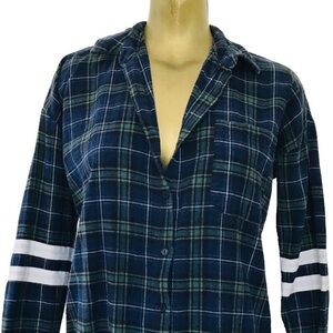 FOREVER 21 Cozy Blue FLANNEL Shirt With Striped Sleeves Large